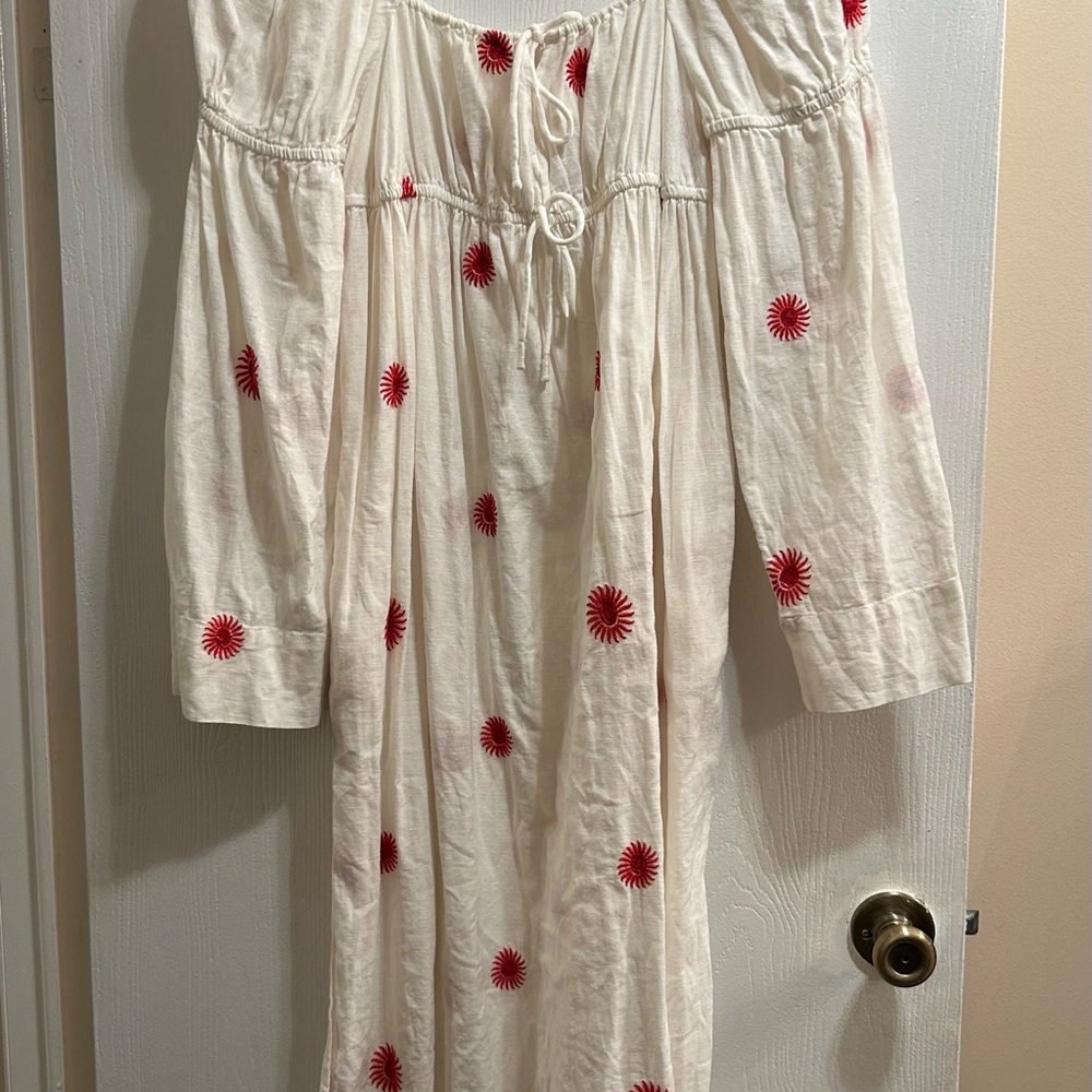 Free People White and Red Ruffled Sundress with Long Bishop Sleeves